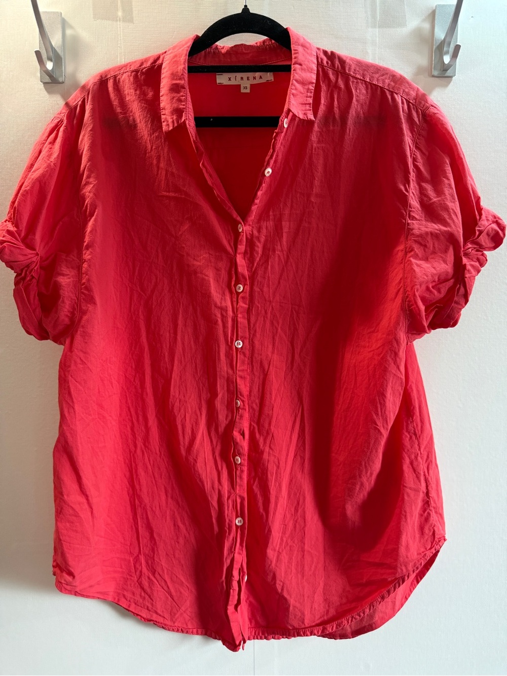 Xirena Coral Red 100% Cotton Oversized Button Shirt XS Roll Tab Sleeve USA